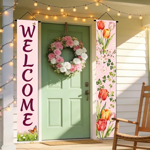 Image of Nuxovilar Spring Tulip Butterfly Banners Set 12x70 Inches Polyester | Spring Porch Sign, Hanging Decor Floral Welcome Banner, Tulip Butterfly Accent Patio, Yard, Outdoor (Floral Spring)