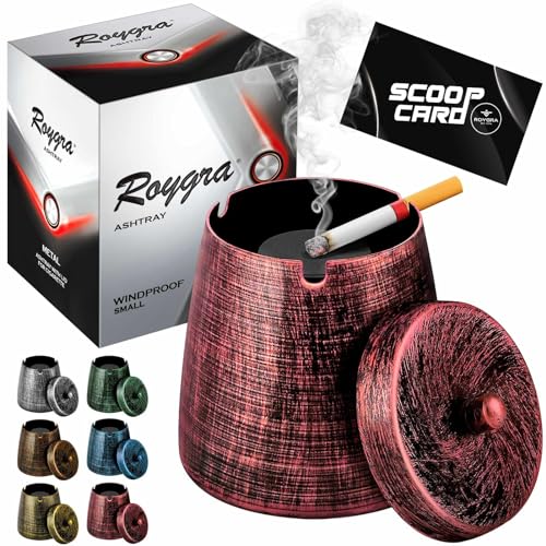 roygra Ash Tray with Lid, Outdoor Ashtray for Outside Patio, Smokeless Metal Ashtrays for Cigarettes with 3 Holder, Smoking Accessories, Home Décor, Ashtrays for Smokers Indoor - Red, Small