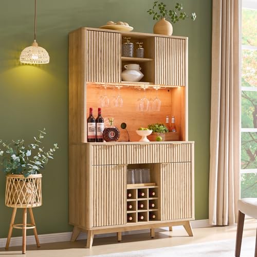 OKD 72" Tall Wine Bar Cabinet with Storage Hutch, Modern Wood Fluted Coffee Bar Cabinet with LED Lights and 10 Tier Storage Shelf & 9 Grid Wine Glass Rack for Home Dining Room Kitchen (Natural Oak)
