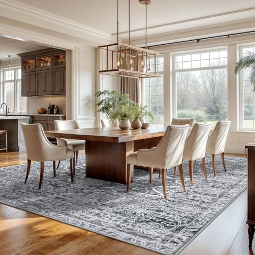 KUTA Vintage Floral Area Rug 9x12 Living Room, Washable Large Rug for Bedroom 9ft x 12ft Non-Slip, Ultra Soft Printed Medallion Dining Room Low-Pile Wool Office Room Carpet Grey White
