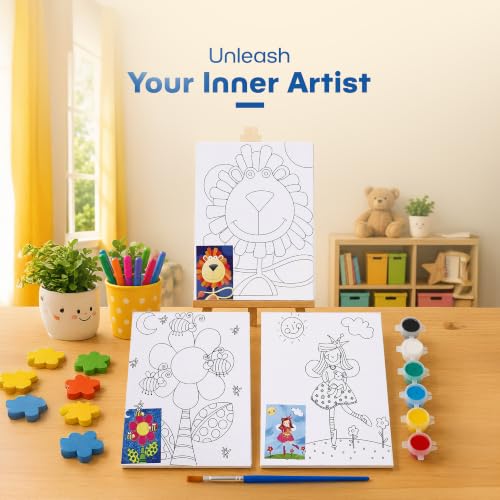 Image of Neomate Canvas Painting Kit for Kids | DIY Painting Set with 3 Printed Canvas, 6 Acrylic Paint Pots & Brush | Art and Craft Kit, Paint Kit for Kids, Birthday Gift, Return Gift, Creative Activity Set
