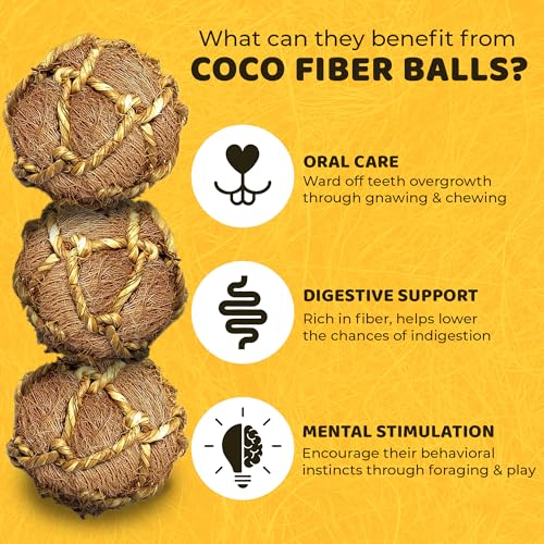 Image of SunGrow Assorted Rabbit & Cat Chew Balls, Teething Activity Toy for Pocket Pets, Improves Dental Health, Environment Friendly, Stress Reliever (Coconut Fiber, 3 Pcs)