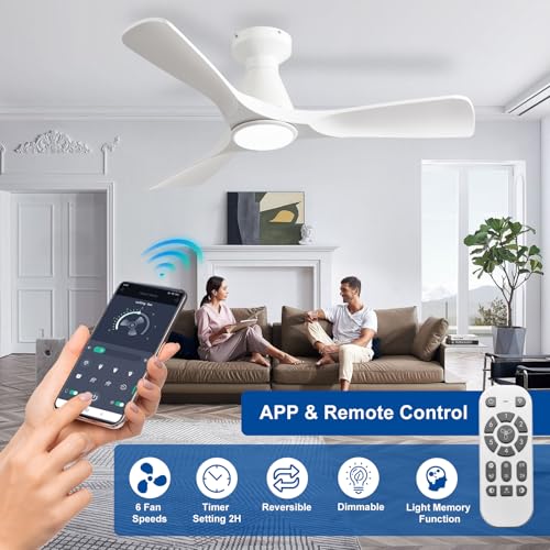 Image of Depuley Ceiling Fans with Lights and APP: Flush Mount Low Profile Ceiling Fan for Bedroom - Dimmable Indoor Outdoor Fan with Remote Control White Timer