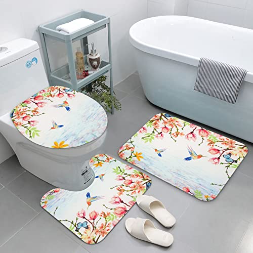 Claswcalor 4 Pcs Floral Hummingbird Shower Curtain Sets With Non-Slip Rug, Toilet Lid Cover And Bath Mat, Colorful Bird Shower Curtain With Hooks, Watercolor Flower Shower Curtains For Bathroom Decor #TOP2