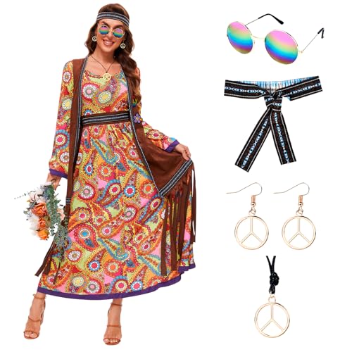 JONRRYIN 60er Jahre Kostüm Damen, Hippie Kleidung Damen Kostüm, 70er Disco Halloween Outfits, Hippie Damen Kleid Set für Karneval Party, 60er Jahre...