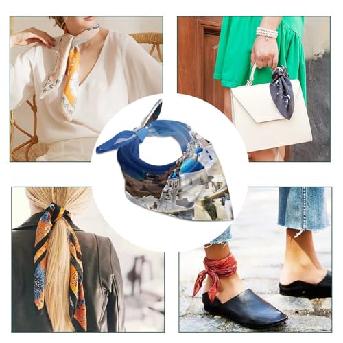 Santorini Greek Island Sea View 18 Inches Satin Head Scarf Lightweight Silk Hair Scarves Soft Silk Head Scarf for Women Large Satin Bandanas Square Headscarf Fashion Headband Neckerchief Neck Scarves4