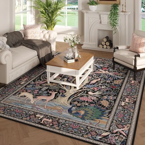 Rugcomf Area Rugs 5x7 Vibrant Tree of Life-Patterned Vintage Washable Area Rug Non Slip Low Pile Large Rugs for Living Room Bedroom Farmhouse Dining Room Kids Playroom Black