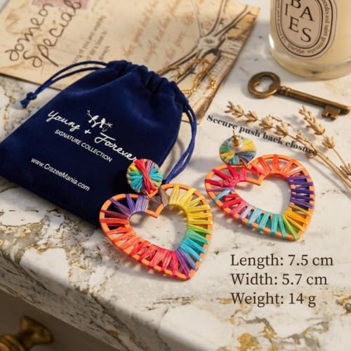 Image of Young & Forever Boho Rainbow Raffia Earring Pack - Handmade Woven Straw Geometric C-Hoop, Heart & Statement Drop Earrings for Women, Summer Beach Vacation Jewelry