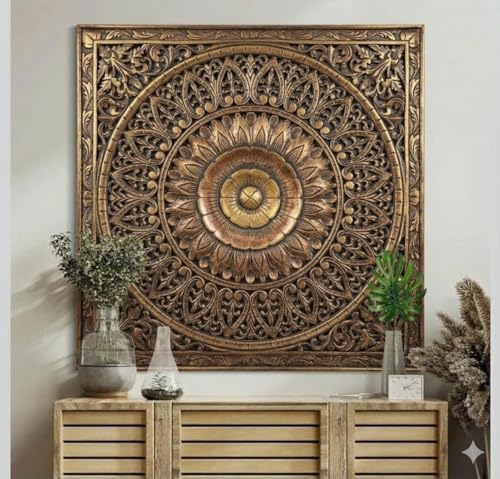 Image of ROYAL TRADERS Hand Carved Wooden Mandala Wall Panel | Vintage Floral Wall Art | Decorative Wooden Wall Hanging | Boho Home Decor Panel Large Wall Decor Panel, Wooden Carving Wall Hanging (GOLDEN)