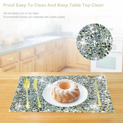 Mxcver Silver Placemats Silver Heat Resistant Mat Square Placemats Silver Trivets Rhinestone Decor Place Mat Crushed Diamond Decor Bling Sparkly Mat Set Of 2 thumb #3