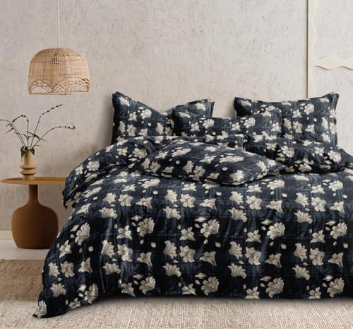 Image of DECOR2ADMIRE 300TC Premium Glace Cotton Printed Super King Size Double Bedsheet with Two Pillow Covers, 108 * 108 Inches or 9ft by 9ft or 275 cm x 275 cm (Black Floral Elegance)