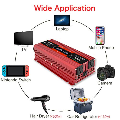 Cantonape 1000W/2000W(Peak) Car Power Inverter DC 12V to 110V AC Converter with LCD Display Dual AC Outlets and Dual USB Car Charger for Car Home Laptop Truck (Red)