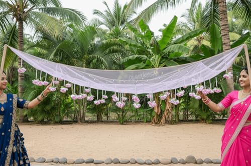 Image of Divyakosh Dulhan /Bridal Entry Sequins Chaddar | Handmade Net with PinkRose Garland Canopy | 2 Meter, Dulhan Entry Chunri with Golden Border Lace, Indian Wedding /Shaadi /Marriage Decoration