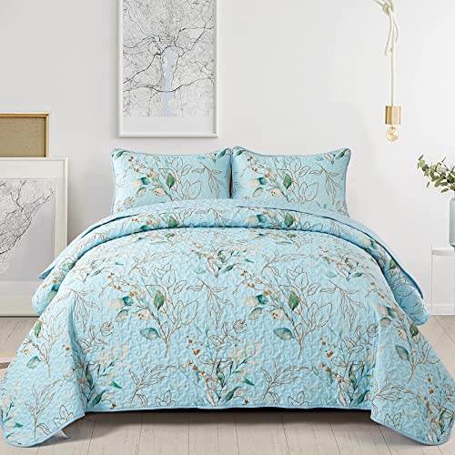 3 Pieces Floral Quilt Sets Queen Size,Blue Leaf Queen Quilt Sets Soft Bedspread Queen Size Bedding Set For All-Season (96"X90") #TOP2