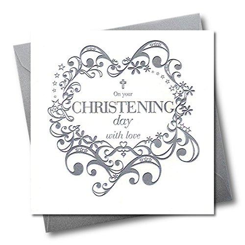 Claire Giles Greeting Cards Baby Christening Card Silver Scrolls Baptism Greeting Card Embossed and Foiled text