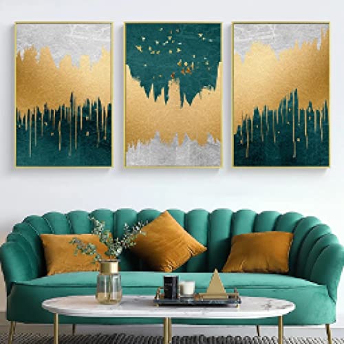 Lienzo abstracto de lujo moderno en oro y verde con motivos de pájaros para decoración chic