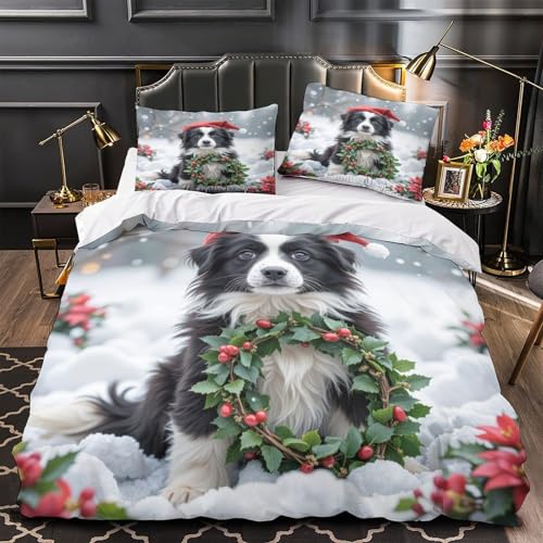 Parure de lit chiens de Noël 260x220 cm avec housse de couette en microfibre