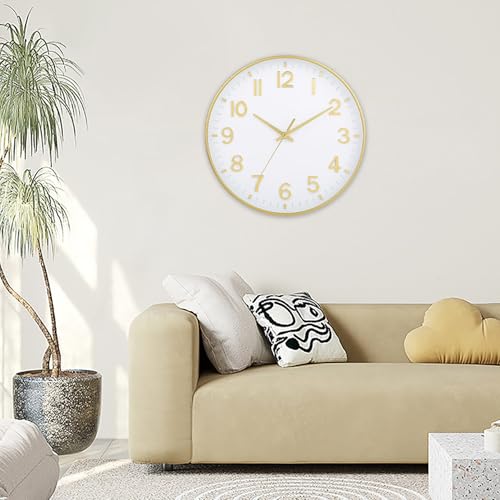 Image of HZDHCLH Wall Clocks Battery Operated,Wall Clock White Gold,10 inch Wall Clock Silent Non Ticking Modern 3D Numbers for Office Kitchen Classroom Bedroom Living Room Decor