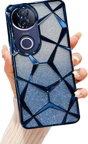 Image of VONZEE Gradient Glitter Case for VIVO V50e, Luxury Electroplated 3D Cube, Diamond Bling Shiny Soft TPU Clear Shockproof Women Girls Protective Phone Cover (Blue)
