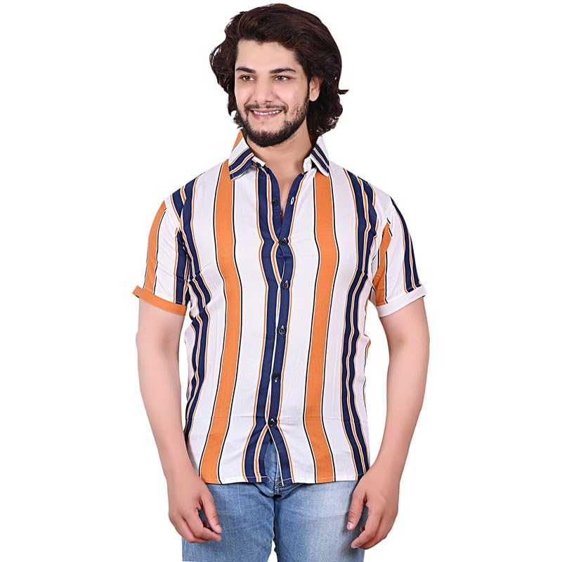 I & MEESummer Casual Outdoor Wear Half Sleeve with Orange & Blue White Striped Comfort Cotton Stretchable Men's Shirt