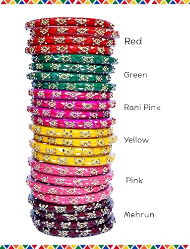 Image of Swara Creations Glass Bangles /Kadas for Women | Studded with Zircon & Golden dots |Fancy smooth finish Kadas | Red,Green,Mehrun,Pink Colors (16Pcs)(SKU296)