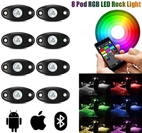 Inorising RGB LED Rock Lights, 8 Pods Waterproof Multicolor Neon Underglow Light with Bluetooth App Remote Control Flashing Music Mode for Off-Road UTV ATV Trucks SUV Motorcycle Boats