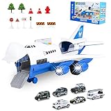 BAZOVE Airplane Toy with Police Cars Toy Set, Transport Cargo Airplane with Lights and Sounds, Toy Airplane with 6 Mini Car Toys & 11 Road Signs, Birthday Gift for 3 4 5 6 Years Old Kids Boys Girls