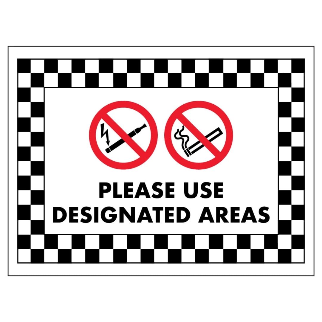 V Safety No Smoking or Vaping, Please Use Designated Areas 200 x 150 mm - 3mm Aluminium Composite Safety Sign