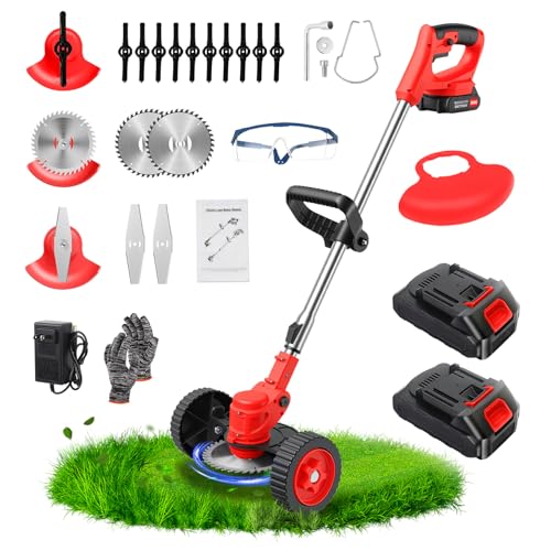 ALSO GO 24V Electric Weed Wacker with Wheels, Grass Trimmer Cordless, 3 in 1 Weed Eater Battery Powered with 2pcs Batteries & Charger, Weed Trimmer/Brush Cutter/Edger Lightweight for Lawn & Yard