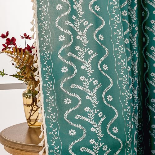 Image of Boho Curtains 72 Inch Long for Living Room, Bedroom, 2 Panels Floral Farmhouse Vintage Tassel Semi Sheer Light Filtering Privacy Window Curtain Drapes with Rod Pocket