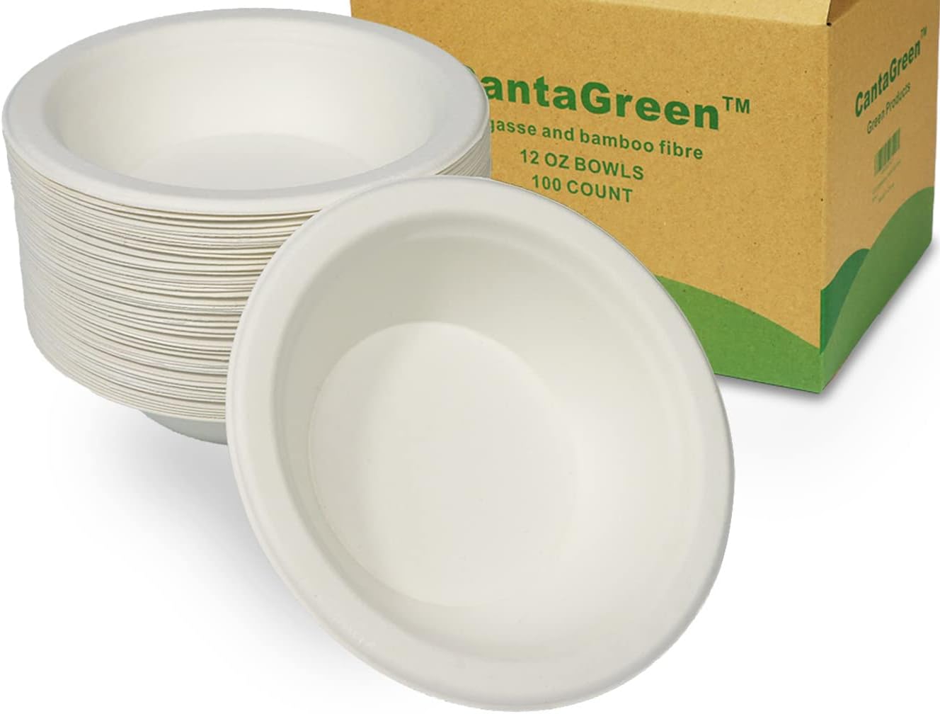 CantaGreen 12 OZ Compostable Bowls,100 Count Heavyduty Sugarcane/Bagasse and Bamboo Fibre Biodegradable Disposable Paper Bowls