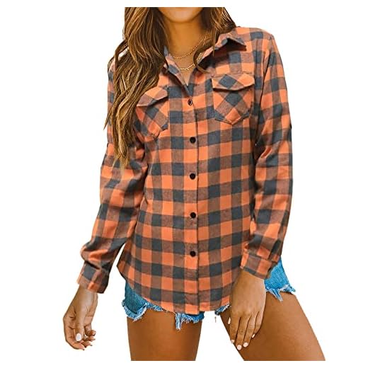 Oyamiki Womens Casual Cuffed Long Sleeve Boyfriend Button Down Plaid Flannel Shirt Tops Orange