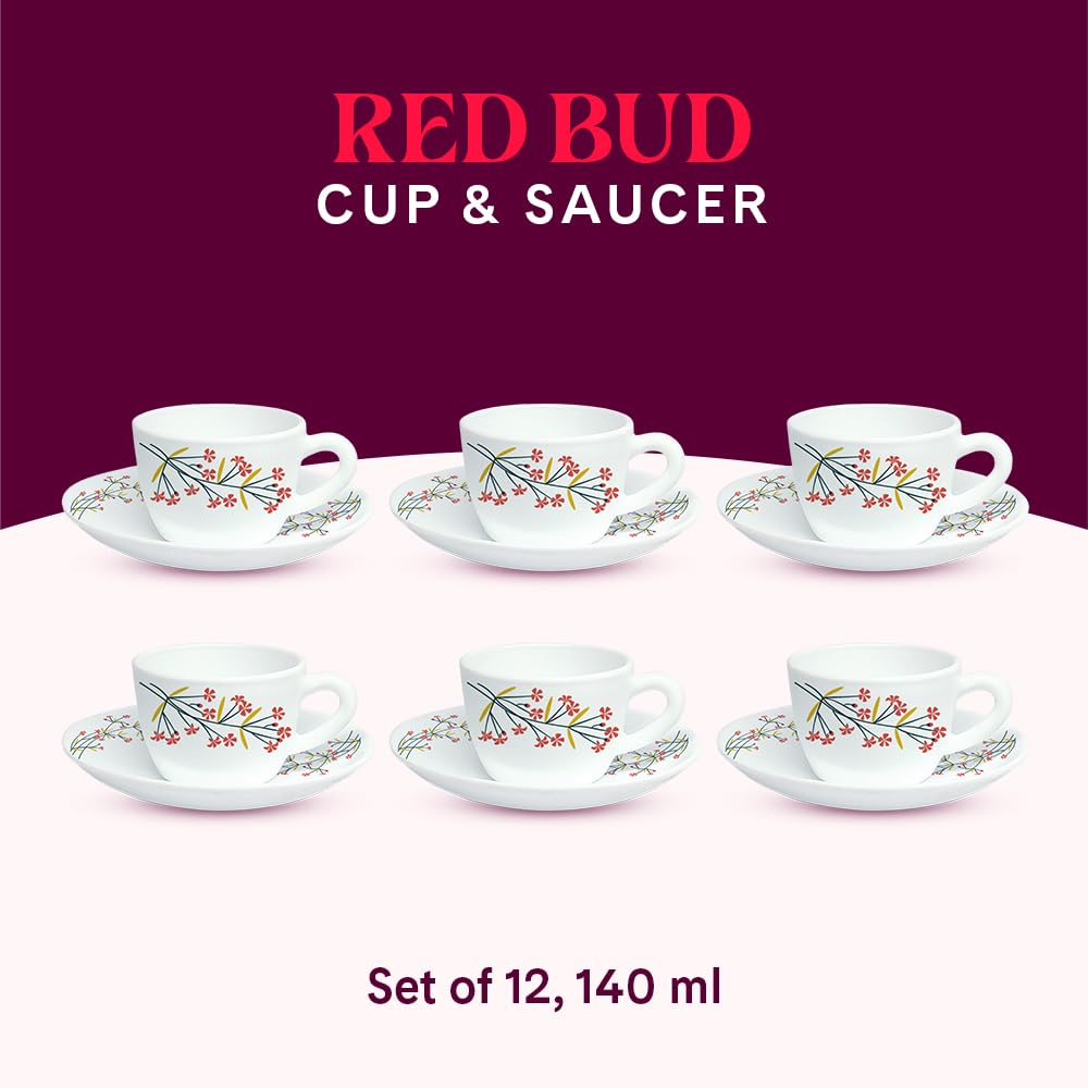 Larah by BOROSIL Silk Series Red Bud Opalware Cup and Saucer Set of 12 pcs | Tea/Coffee Cups 140 ml | Microwave & Dishwasher Safe, Bone-Ash Free | Crockery Set Ideal for Daily Use & Gifting, White 3