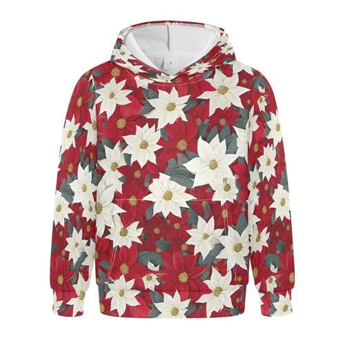 Kids Hoodies Sweaters Christmas Poinsettia Flower Hooded Sweatshirts with Big Pockets for Boys Girls B0400053