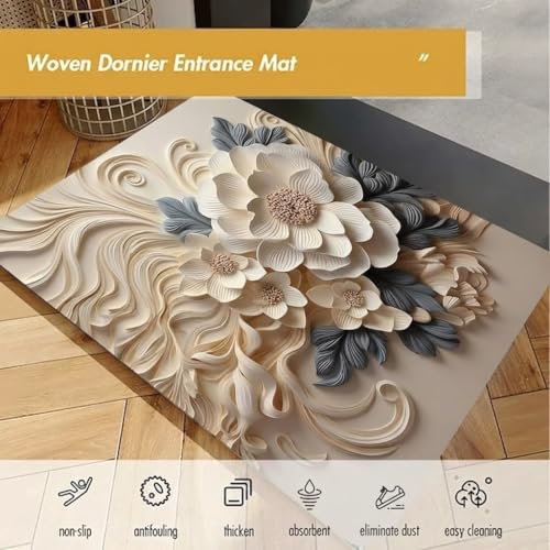 Image of Non-Slip 3D Floral Bath Mat, Quick Dry Absorbent Silicone Floor Mat, Anti Skid Doormat for Bathroom, Home, Office, Living Room, Hallway Runner, Soft Cushion Carpet Rug (Beige)