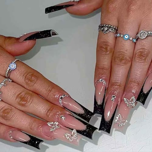 Foccna Press on Nails Long Rhinestone Pink Fake Nails Black Square Bling Glossy Artificial Nails Finger Manicure for Women and Girls-24pcs (Long Nails 1)