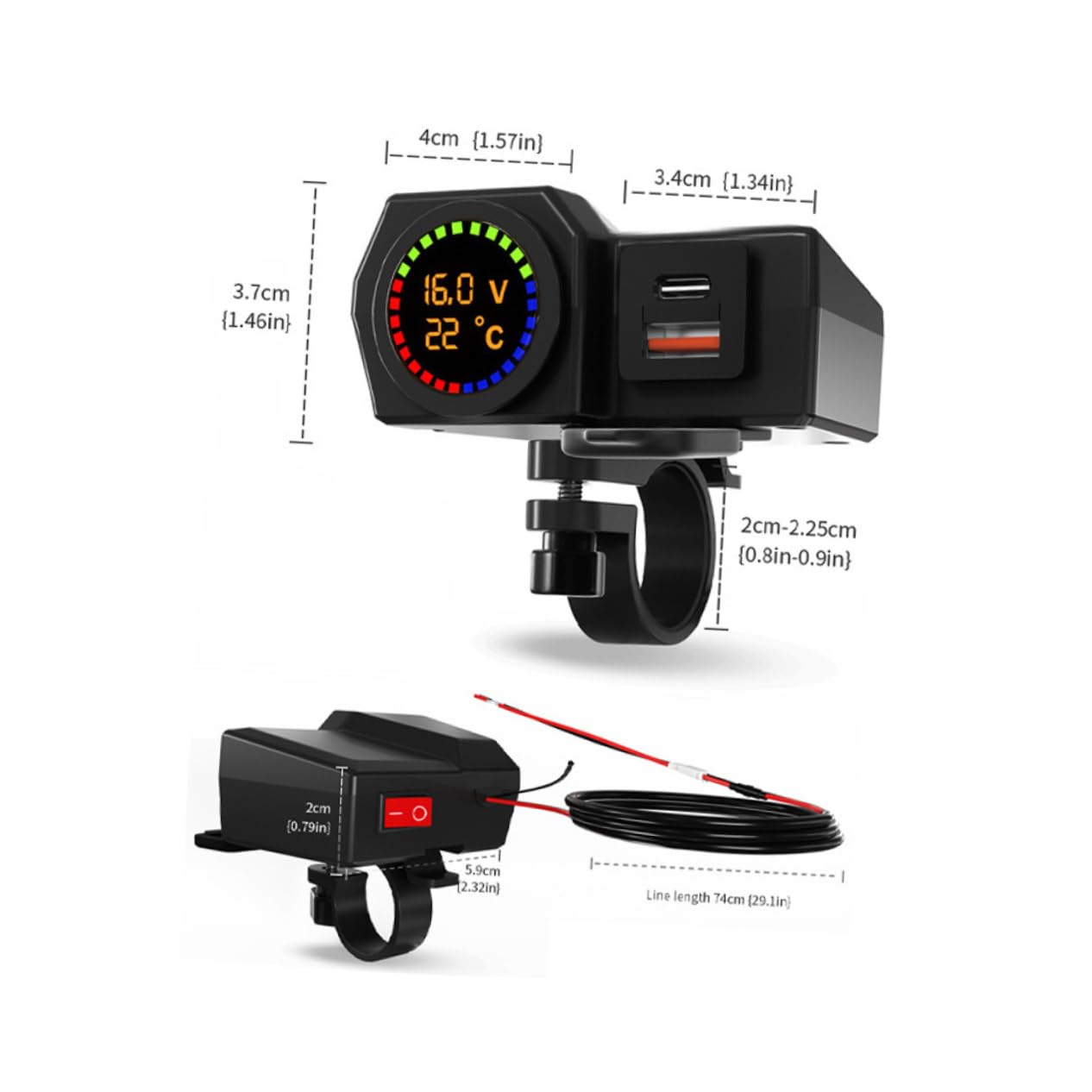 MUCKLILY Motorcycle Dual Ports USB Charger Adapter Voltmeter and Thermometer Handlebar Mount Phone Charger for Motorcycle Compatibility for USB Devices