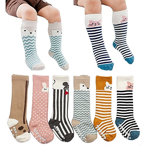 6 Pairs Toddler Socks, Non Skid Knee High Cotton Socks for Baby Boys & Girls (S(0-2 Years))