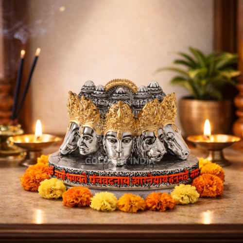 Image of Gold Art India Panchmukhi Hanuman Idol Silver Antique Gold Finish Bust Design Decorative Murti for Home Temple, Car Dashboard, Office & Vastu Decor