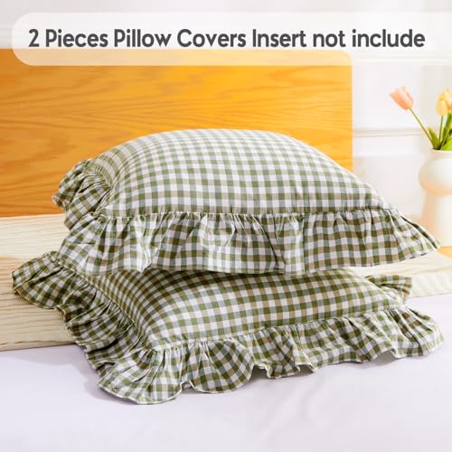 2 Pack Sage Green Euro Sham Covers - 26x26 inches Washed Cotton Ruffle Pillow Cases, Farmhouse Gingham Ruffled Pillow Covers for Bedroom, Living Room (Sage Green/White Plaid, 26x26 inches)