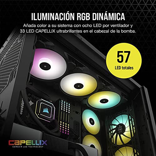 Corsair iCUE H170i ELITE CAPELLIX Refrigeración Líquida de CPU 33 LED RGB CAPELLIX Ultrabrillantes, Radiador 420mm, Tres Ventiladores PWM de Magnética de 140 mm, iCUE COMMANDER CORE Incluido Negro - imagen 4