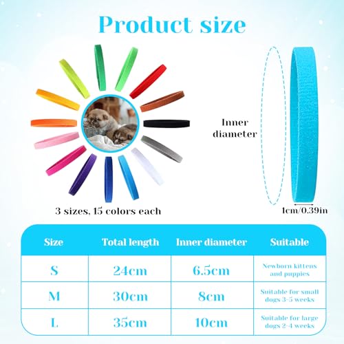 45 Stück Neugeborene Haustierhalsbänder, Welpen-Identifikationshalsbänder, Doppelseitige Einstellbare Weiche Welpen Kitten Halsbänder, 3 Größen, 15 Farben