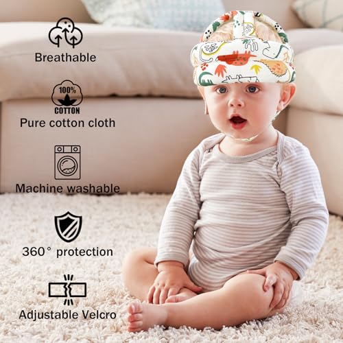Image of Baby Head Protector Baby Helmet for Crawling Walking, No Bumps Safety Head Adjustable Protective Cap for Walking, Playing - Red Dinosaur