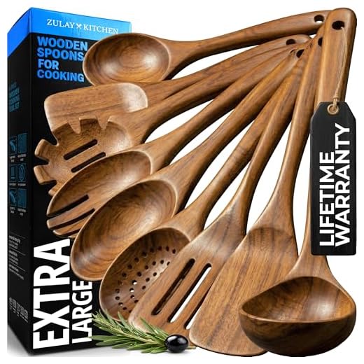 Zulay Kitchen 9-Piece Teak Wooden Utensils for Cooking - Smooth Finish Natural Teak Utensil Set - Non-Stick Wooden Spoons for Cooking - Kitchen Gift Set - Comfortable Grip Wooden Utensil Set
