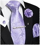 JEMYGINS Paisley Stickerei Design Krawatte Set Herren Einstecktuch Krawattenklammer Manschettenknöpfe Ansteckblume für Hochzeit Party Business Mehrfarbig Flieder