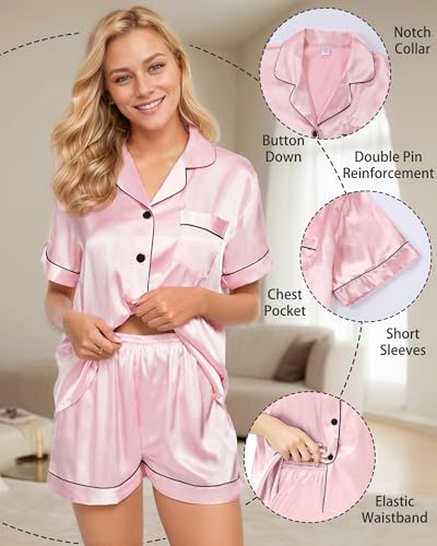 Image of 3 Piece Silk Satin Pajama Set for Women Soft Short Sleeve Button Down Pjs with Shorts Long Pants Sleepwear S-XXXL