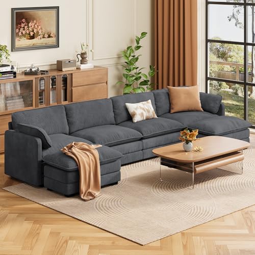 Image of Gizoon 4 Seater Modular Sectional Cloud Sofa with 2 Movable Ottomans U Shaped Corduroy Deep Seat Sofa Couches with Double Layer Upholstered Seat Cushion, Pet-Friendly Fabric, Gray