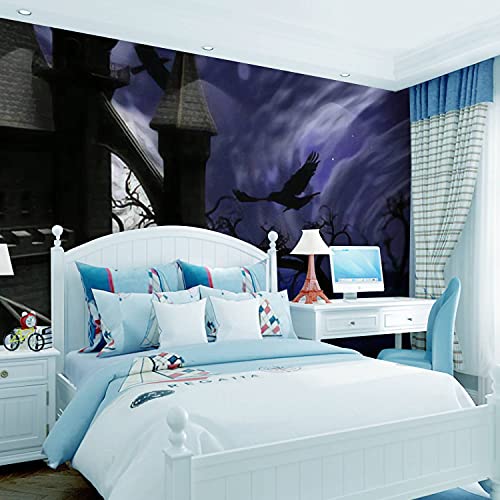 Modern 3D Illustration Of Night Forest With Full Moon Also A Castle With Ravens Wallpaper Stick And Peel Wall Stickers Removable Wall Paper Mural For Living Room Bedroom Tv Background Wall #TOP2