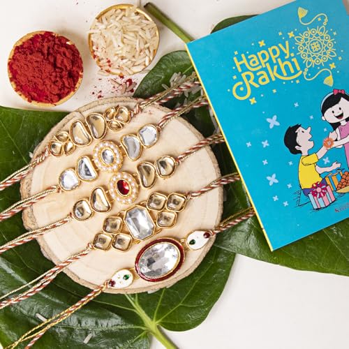 Image of Kaameri Bazaar Kundan Polki Rakhi Set of 5 with Chocolate Coated Almonds 35g, Trail Mix 35g, Chocolate Filled Cookies 75g, Roli Chawal & Greeting Card | Raksha Bandhan Gift Hamper for Brothers