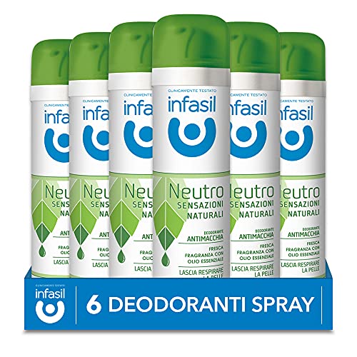 Infasil Deodorant Spray Neutral Natürliche Empfindungen Duft mit ätherischem Öl, schmutzabweisend, ohne Aluminiumsalze, 6 Lufterfrischer à 150 ml
